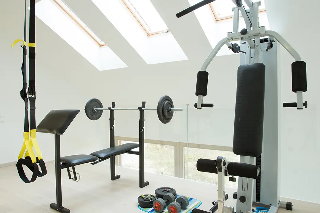 Home gym equipment under skylight